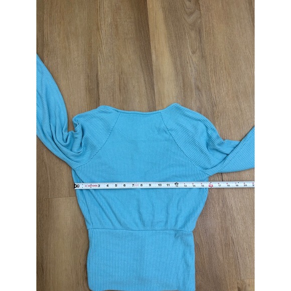 Anthropologie light blue Ribbed Wrap Top Long Sleeve Balloon Cuff Blue XS NEW - Picture 6 of 6